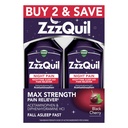 ZzzQuil Liquid Max Strength Pain Reliefer, Aide au sommeil de nuit liquide, Acétaminophène 1000mg, Diphenhydramine 50mg HCI, Non-Habit Forming, Noir cerise aromatisé, 2 Pack, 24 FL OZ