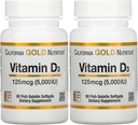 Vitamine D3 Supplement by California Gold Nutrition - Ondersteuning voor gezonde botten en tanden - Immuunsysteemondersteuning - Glutenvrij, niet-GMO - 125 mcg (5.000 IE) - 2 Pack of 90 Fish Gelatine Softgels Each