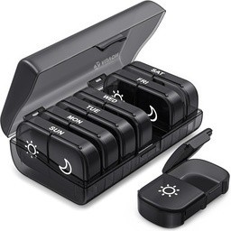 AUBON XL Weekly pil Organizer 2 keer per dag, pil doos 7 dag met one-side grote openingen voor gemakkelijk te gebruiken, Black Privacy bescherming AM PM pil geval voor medicatie, vitamines, visolie, supplementen