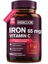 IJzersupplement voor vrouwen Mannen, High Potency Iron 65mg met vitamine C 250mg, Maagvriendelijk ijzer pillen voor rode bloedcel en immuunondersteuning, non-GMO en glutenvrij, 180 Vegan tabletten
