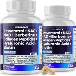 Vitamax Resveratrol NAD+ Berberine Hyaluronzuur - Biotin Grape & Blueberry + NAC - Collageen Peptides - Hair, Nail, Skin & Joint Supplement - 21-in-1 Women and Men - Made in USA - 120 Count