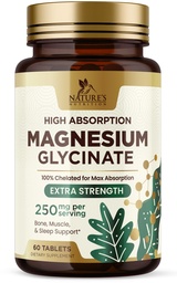 Magnesium (Glycinaat) - Magnesiumsupplement voor hart-, zenuw-, spier-, bot- en slaapondersteuning - 100% chelated en hoge absorptie - 250 mg per portie - glutenvrij, veganistisch, non-GMO - 60 Tel.