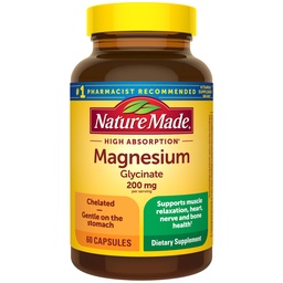 Nature Made Magnesium Glycinate 200 mg per Serving, Magnesium Supplement for Muscle, Heart, Nerve and Bone Support, 60 Magnesium Bisglycinate Capsules, 30 Day Supply