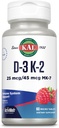 KAL Vitamine D3 K2 ActivMelt, Bone Health, Heart and Immune Support Supplement w/D3 1000 IE en MK7 Vitamine K2, Instant Solution Tabs, Natural Raspberry Flavor, 60 Servings, 60 Micro Tablets