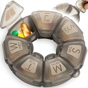 Ronde Wekelijkse Pillen Organisator, TPU Gegummiseerd, Reizen Pillen Container 7 Dag, met 7 Grote Compartiments, Groot voor Dagelijkse Vitaminen & Supplementen, Leuke Pillen Case met Grote Letters en Braille (Grijs)