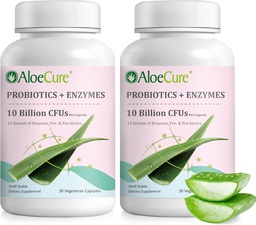 AloëCure Daily Probiotica 10 miljard CFU voor Digestieve Ondersteuning 8 Strains, 6 Prebiotica & Enzymes - Digestief Supplement met Bromelain voor vrouwen & Mannen - Gut Support, Digestieve Relief, 30 Caps x 2btls