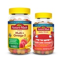 Nature faite adulte et enfants Multivitamin Gummies Combo Pack, Multis avec vitamine C, vitamine D3, vitamine B, zinc, oméga 3 huile de poisson et plus, deux bouteilles multivitamines pour la famille entière