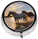 Zonsondergangen Lake Horses Afdrukken Ronde pil Box 3 Compartiment Geneeskunde Pill Case Portable Pill Container voor Dagelijkse Geneeskunde Supplement Vitamine