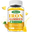 Gommies de fer pour les femmes et les hommes - Supplément de fer végétalien pour l'anémie et le déficit en fer, avec vitamine B12, vitamine C, zinc, folate - Boost énergétique, sans sucre, ananas, 60 Comte