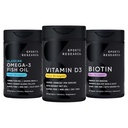 Recherche sportive Triple force Omega 3 Huile de poisson sans Burpless 1250mg de bouleau sauvage de l'Alaska, vitamine D3 5000 UI avec huile de noix de coco MCT (125mcg) et biotine végétalienne 5000mcg vitamine B7-30 Softgels Chaque