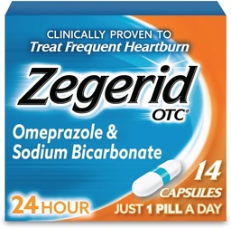 Zegerid OTC 24-uurs Heartburn Relief, The Only Proton Pump Remmer with Omeprazol 20mg + Sodium Bicarbonaat, Treats Frequent Heartburn, 14ct Capsules