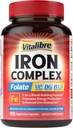 IJzersupplement voor vrouwen en mannen, met vitamine C, B6, B12 & Folaat voor ijzertekort, bloedopbouw en energie-ondersteuning, maagvriendelijk, betere absorptie, non-GMO, geen gluten, 90 Vegan Caps