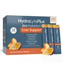Hydralyte Lever Ondersteuning + Electrolyte Mix met melk distel, Kurkuma, Gember, Prickly Pear, Green Tea Extract Geformuleerd voor snelle rehydratie (Peach Passion Gember, 20 Packets)