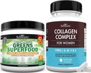 Poudre Super Greens avec Probiotiques Prébiotiques et enzymes digestives (30 portions) Plus Capsules de peptide de collagène hydrolysé (45 jours d'approvisionnement)
