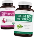 Beetwortelwortel- en groene theeextract (2-weekse voorziening) Beetwortel- en theekrachtmix - Biologische bietenwortel met zwarte peper voor absorptie 1250mg (30 tabletten) & groene theeextract 98% met EGCG 1000mg per portie (30 capsules)