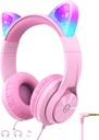 iClever Kids Headphones met Cat Ear Led Light Up, Safe Volume Limite, FunShare, Opvouwbare, Over-Ear Headphones voor kinderen voor school/iPad/Tablet/Travel, Meow Donut-Pink