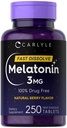Carlyle Melatonin 3mg Comprimés à dissolution rapide : 250 Nombre de doses faibles et sans médicament : Vegan, non OGM, sans gluten