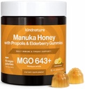 KINDNATURE Manuka Miel Médical Gommies MGO 643+ - Nouvelle-Zélande Miel Manuka au zinc, vitamine C, Elderberry - Gorge Comfort & Immune Support - Enfants et adultes