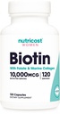 Nutricost Biotin pour femmes 10.000mcg 120 Capsules - avec Folate & Collagène, sans gluten et sans OGM