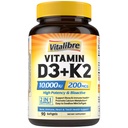 Vitalibre Vitamine D3 K2 Supplement, 10000 IE D3 / 200 mcg K2 MK7, Calcium Absorptie, Bot, Hart, Immuun & Mood Ondersteuning, Verbeterde Absorptie, Geen soja, Gemakkelijk doorslikken, 90 Softgels
