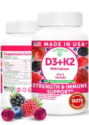 Lunakai USA fait vitamine D3 K2 Gummies avec Calcium – 3-en-1 supplément végétalien quotidien pour les os et le soutien immunitaire pour les femmes, les hommes et les enfants, 60ct