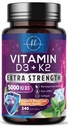 Vitamine D avec K2 (MK-7) - Vitamine D3 5000IU (125 mcg) par portion - Supplément complexe D3K2 pour os, dents, muscles, absorption de calcium, immunosupport et santé cardiaque - mis en bouteille aux États-Unis - 240 Softgels