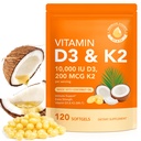 Vitamine D3 K2, D3 K2 Vitamine 10000 ie Supplement met kokosolie Softgels, 2 in 1 Formule 200 mcg (MK-7) Complex Softgels Ondersteuning Calcium Absorptie, Immune, Bone Health D3 K2 Vitamine - 120 Softgels
