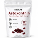 DIVANI Astaxanthine 12mg, Supplément antioxydant pour le mieux-être quotidien, Immune, Eye & Skin Support, non-OGM, sans gluten - 120 Softgels