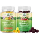 Bundle of Kids DHA Omega 3 Gummies - Vis vrij met vegetarisch 6 9 voor Vision Brain & Immunity en Sambucus Vlierbessen Gummies voor kinderen - Zwarte Vlierbes met Zink & Vitamine C voor Immune Ondersteuning