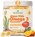 Kinderen Omega 3 Gummies 2 Pack, Vegan Algae DHA 420mg met PS, Vitamine D3 K2, Suikervrij, Geen Visolie, Hersen & Focus Ondersteuning voor kinderen, 120 Gummies