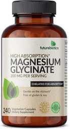 Futurebiotica Magnesium Glycinate 200 MG per portie Gecheleerd voor hoge absorptie, zacht op maag, niet-GMO, 240 Vegetarische Capsules