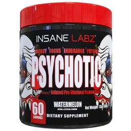 Insane Labz Psychotisch, High Stimulant Pre Workout Powder, Extreme Lasting Energy, Focus and Endurance met Beta Alanine, Creatine Monohydraat, DMAE, 60 Srvgs, Watermeloen