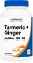 Nutricost Turmeric + Ginger Capsules with Bioperine, 2400mg Per Serving, 120 Capsules - GMO-Free, Gluten-Free, 40 Servings