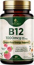 Vitamin B12 - 1000 mcg Per Serving Maximum Strength Methylcobalamin B-12 Chewable Tablet - Energy, Nervous System & Brain Support - Fast Dissolve, Gluten-Free, Non-GMO for Women & Men - 60 Tablets