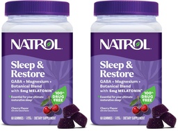 Natrol Sleep + Restore Magnesium Glycinate Blend Gummies with Melatonin 5mg - Calm Magnesium with GABA,Botanical Blend,Cherry Flavor,60 Gummies,(Pack of 2)