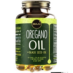 MAJU Oregano Capsules w/Black Seed Oil, 2-in-1 Softgel Oil of Oregano, Potent 90%+ Carvacrol, High Thymoquinone, 60 Count, 500mg per Serving, Wild Oregano and Black Seeds