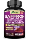 Saffron Supplement with Glucomannan, Ashwagandha, Green Tea Extract, Zeaxanthin & Lutein, Vision Support & Daily Wellness Formula, Extra Strength Plant-Based Capsules, 2 Month Supply (60 Caps)