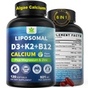 6-in-1 Plant Based Calcium Supplements for Women Men- Calcium 600mg w/ D3 K2 5000 IU Vitamin, Liposomal & Algae Ca-lcium Magnesium Zinc + Vegan Vitamin D 5000 IU + K2 MK7 + Methyl B12 for Bone, 1 Pack