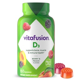 vitafusion Vitamin D3 Gummies, Bone and Immune Support, Peach, Blackberry, Strawberry Flavored, 50 mcg D3 Gummy Vitamin Supplement, 75 Day Supply, 150 Count