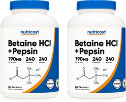 Nutricost Betaine HCl + Pepsin 790mg, 240 Capsules, 2 Flessen (480 Capsules)