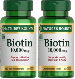 Nature's Bounty Biotin Hair Skin and Nails Vitamines, Ondersteunt gezond haar, huid en nagels, 10.000 mcg, 120 Softgels (Pack of 2)