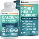 4-in-1 Calcium 1200 mg met vitamine D3 K2 - Extra sterkte Calciumsupplementen voor vrouwen en mannen met D3 K2 Vitamine 5000 IE - Dagelijks vitaliteitssupplement - Veganistisch-vriendelijk, Glutenvrij, Non-GMO (120ct)