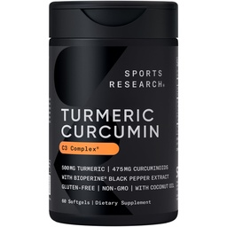 Sportonderzoek Kurkuma C3 Complex 500 mg, Enhanced & Black Pepper and Organic Coconut Oil for Better Absorptie; Non-GMO and Gluten Free - Standardized 95% Curcuminoids (60 Count Softgels)