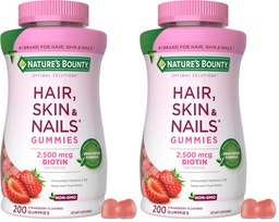Nature's Bounty Optimal Solutions Hair, Skin and Nails Pectin Gummies, 2500 mcg Biotin Per Serving, No Stick Gummy, Vegetarian Formula, Strawberry Flavor, 200 Count, 100 Total Servings (Pack of 2)