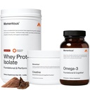 Momentous Three - Creatine Monohydrate Powder (30 Servings), Grass-Fed Whey Protein Powder (Chocolate) & Omega-3 Fish Oil 1600mg - Daily Essentials for Strength, Performance & Lean Muscle Recovery