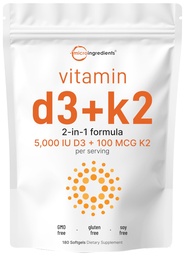 Micro-Ingrediënten Vitamine D3 5.000 IE + K2 MK-7 100 mcg, 180 Softgels 