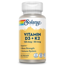 SOLARAY Vitamine D3 K2, K2 D3 Vitaminesupplement voor Calcium Absorptie, Botsterkte, Cardiovasculaire en Immuunfunctieondersteuning, zonder soja gemaakt, 60 dagen garantie, 60 porties, 60 VegCaps