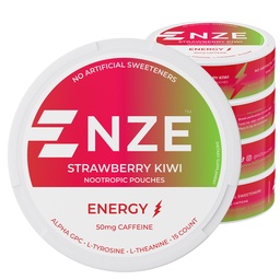 NZE Caffeine Nootropic Pouches (Strawberry Kiwi) - Energy Pouches with 50mg Caffeine, Alpha GPC, L-Tyrosine & L-Theanine - No Sugar or Artificial Sweeteners - 15 Nicotine Free Pouches Per Can - 5 Pack