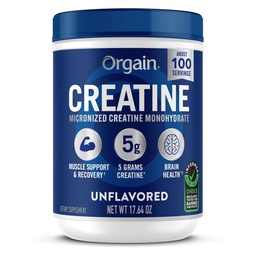 Orgain Creatine Monohydraat Micronized Powder, 100 Servings, Unflavored, Ondersteunt Spiergroei, Post Workout Herstel en Hersengezondheid, Geen kunstmatige additieven, voor mannen en vrouwen (Verpakking mei Vary)