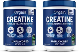 Orgain Creatine Monohydraat Micronized Powder,100 Servings, Unflavored,Ondersteunt Spiergroei,Post Workout Herstel en Hersengezondheid,Geen kunstmatige additieven,voor mannen & vrouwen,Veganist,(Pack of 2)